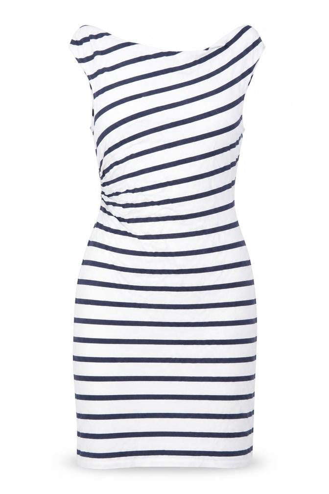 LOFT Women's White Navy Striped Bodycon Dress M Boat Neck Summer