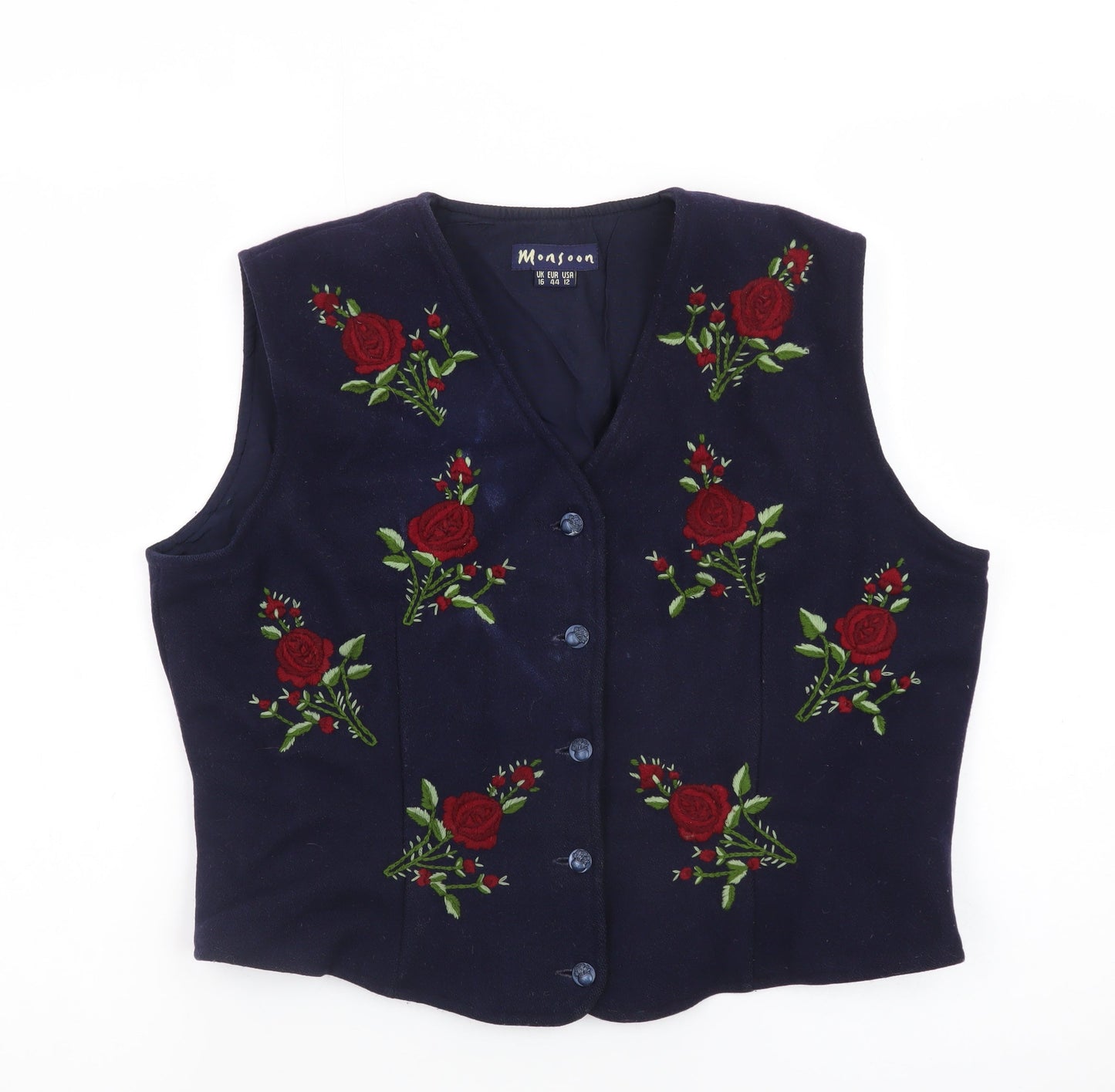 Monsoon Women Blue Embroidered Velvet Floral Vest Size 16