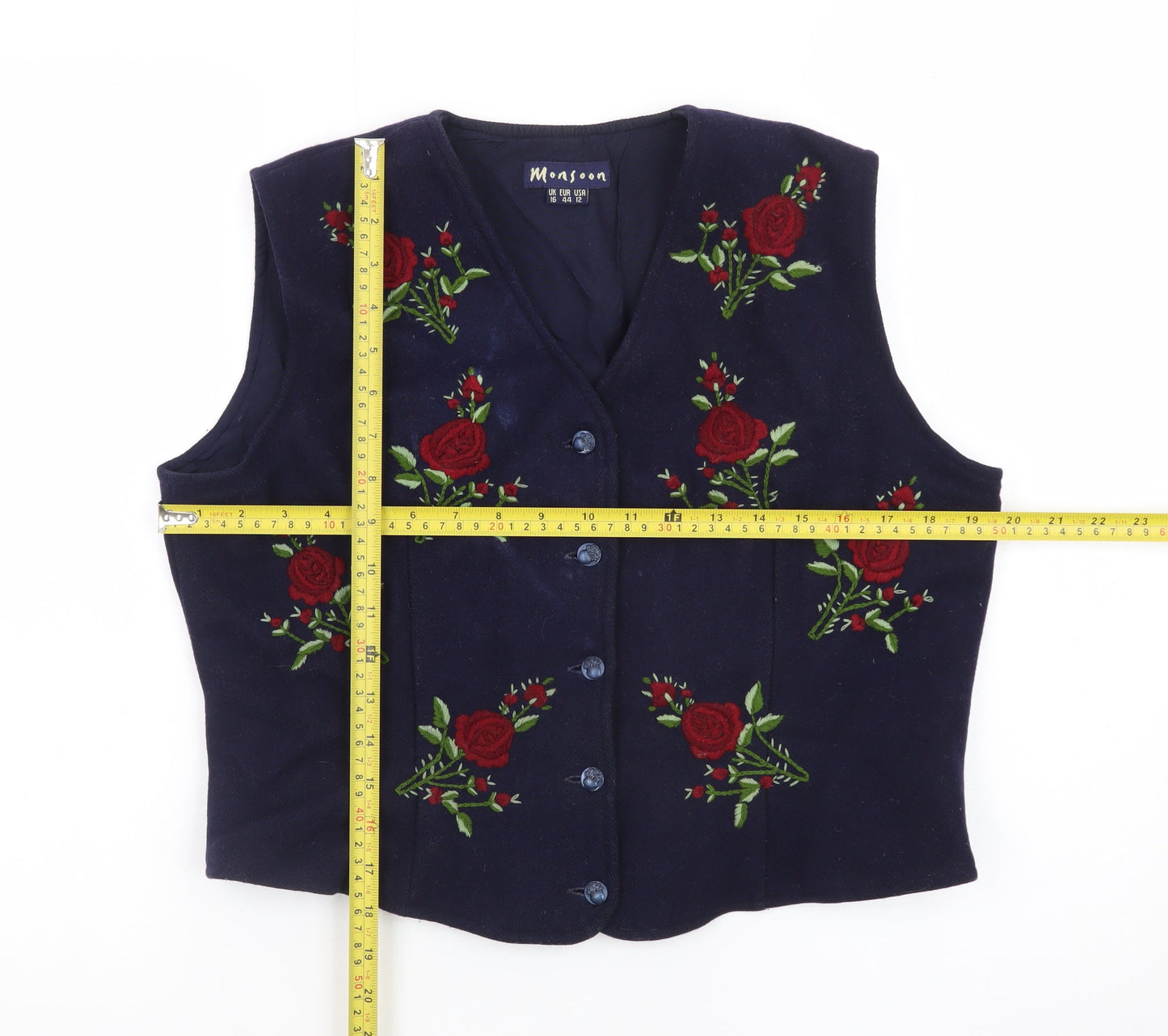 Monsoon Women Blue Embroidered Velvet Floral Vest Size 16