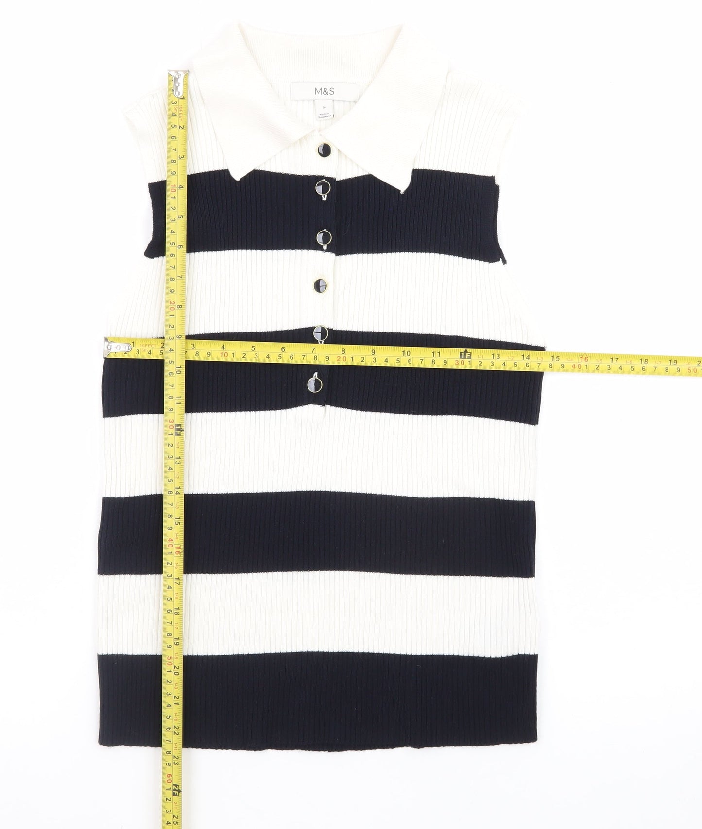 Marks and Spencer Women's Black and White Striped Sleeveless Collared Button-Up Top Size 14