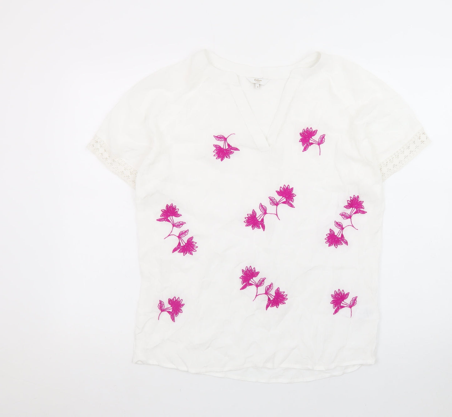 Cotton Traders Womens White Embroidered Floral Tunic Blouse Size 8