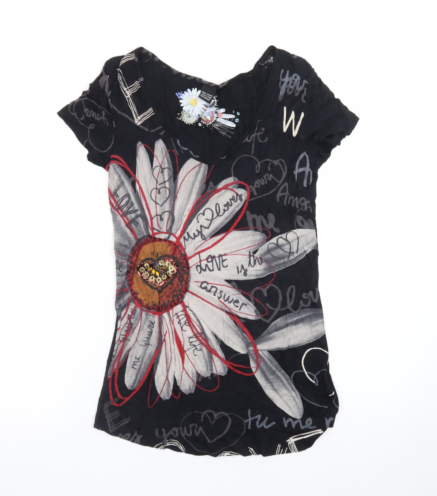 Desigual Womens Black Floral Art T-Shirt M Viscose Short Sleeve