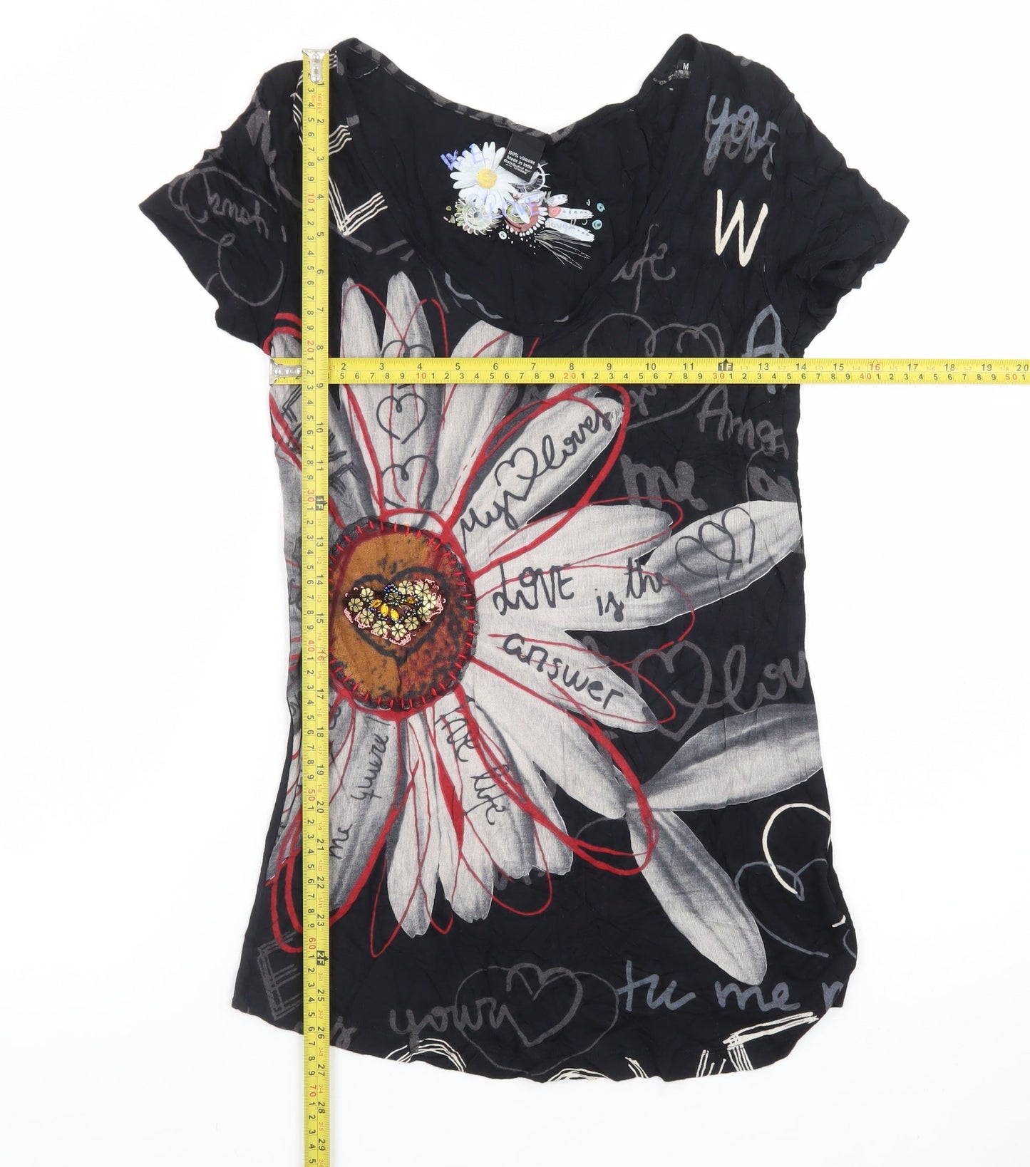 Desigual Womens Black Floral Art T-Shirt M Viscose Short Sleeve