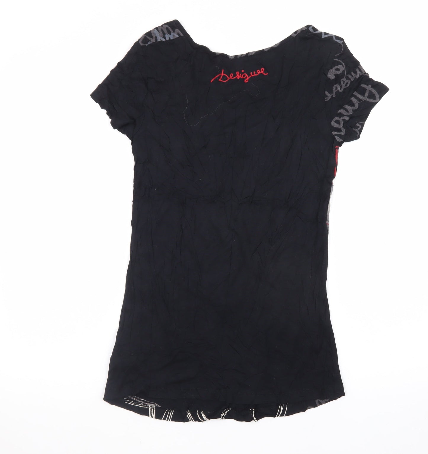 Desigual Womens Black Floral Art T-Shirt M Viscose Short Sleeve