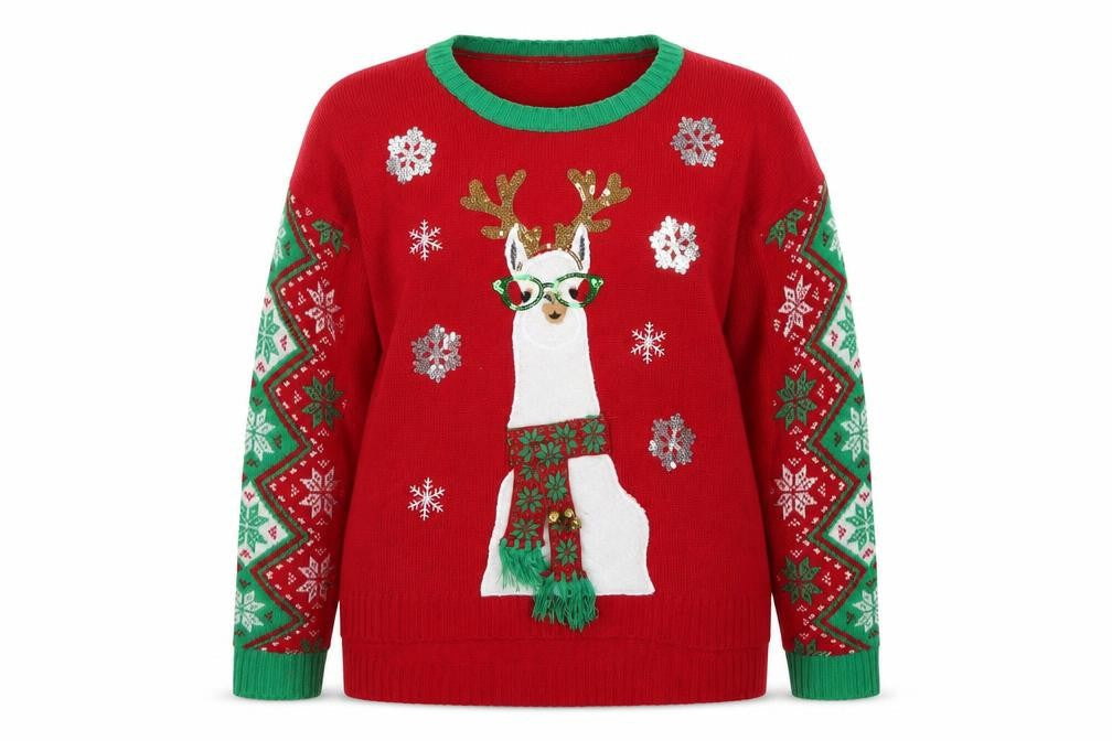 Isela Womens Red Christmas Llama Sequin Knit Pullover Jumper Size L