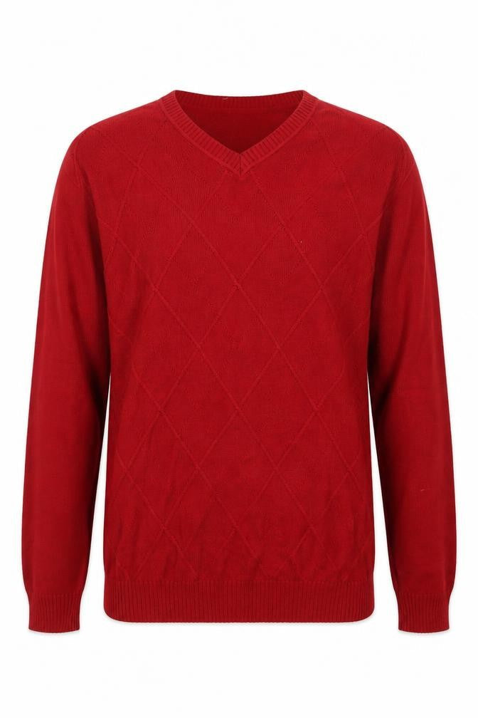 MTL Men's Red V-Neck Argyle Knit Pullover Jumper Size L