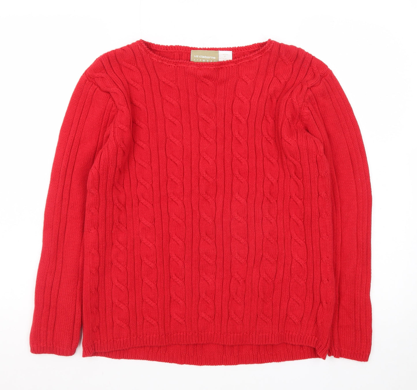 Liz Claiborne Women Red Cable-Knit Cotton Crew Neck Jumper Petite S