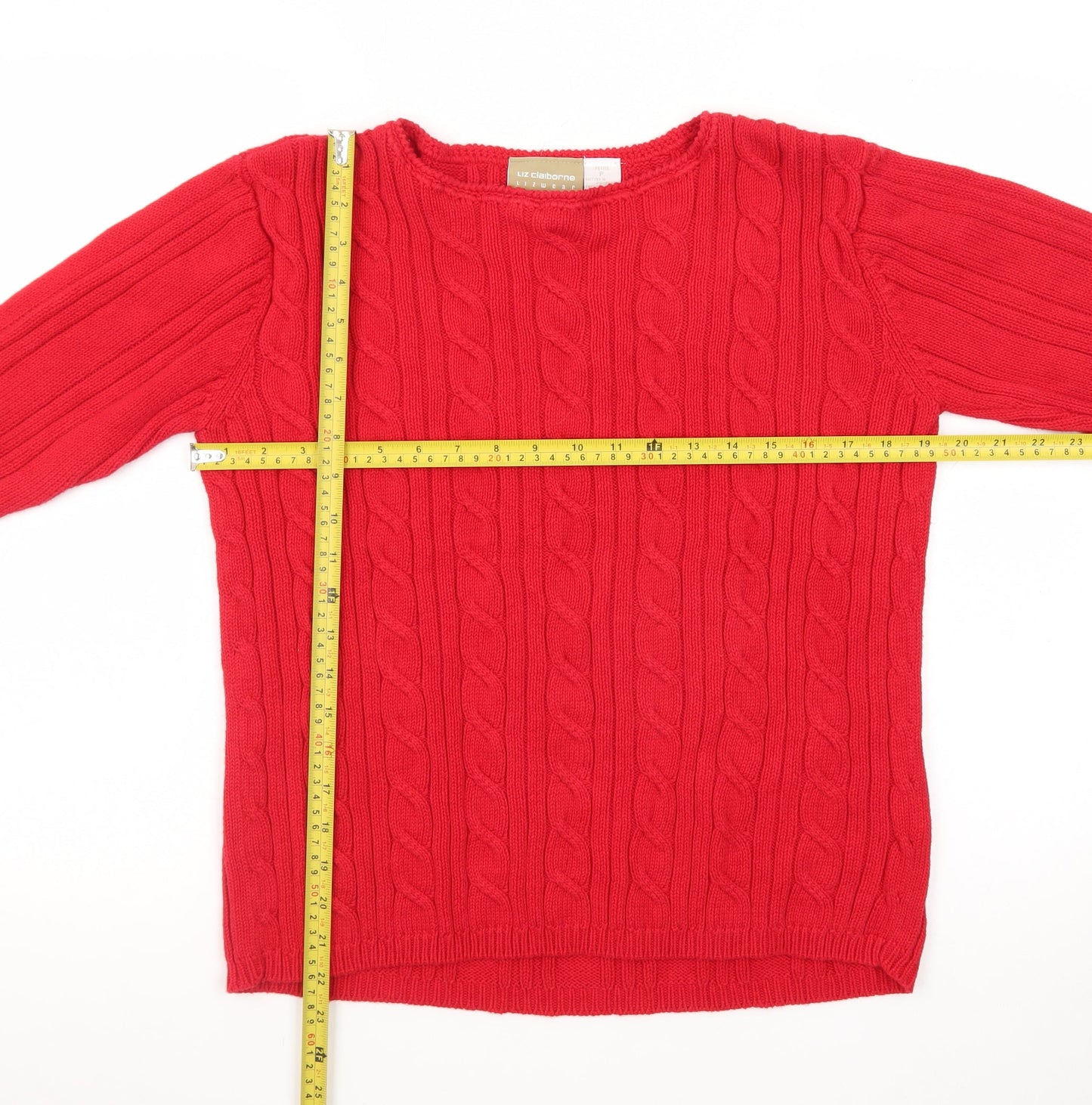 Liz Claiborne Women Red Cable-Knit Cotton Crew Neck Jumper Petite S