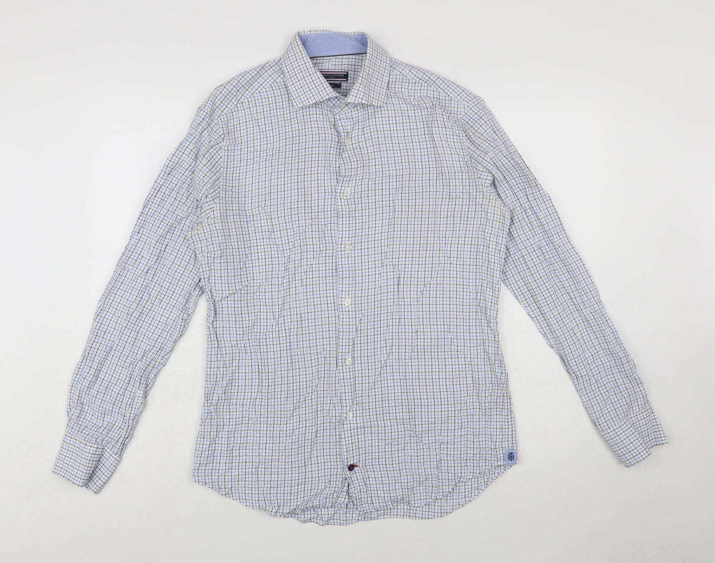 Tommy Hilfiger Men’s Blue Check Slim Fit Long Sleeve Cotton Shirt 15.75