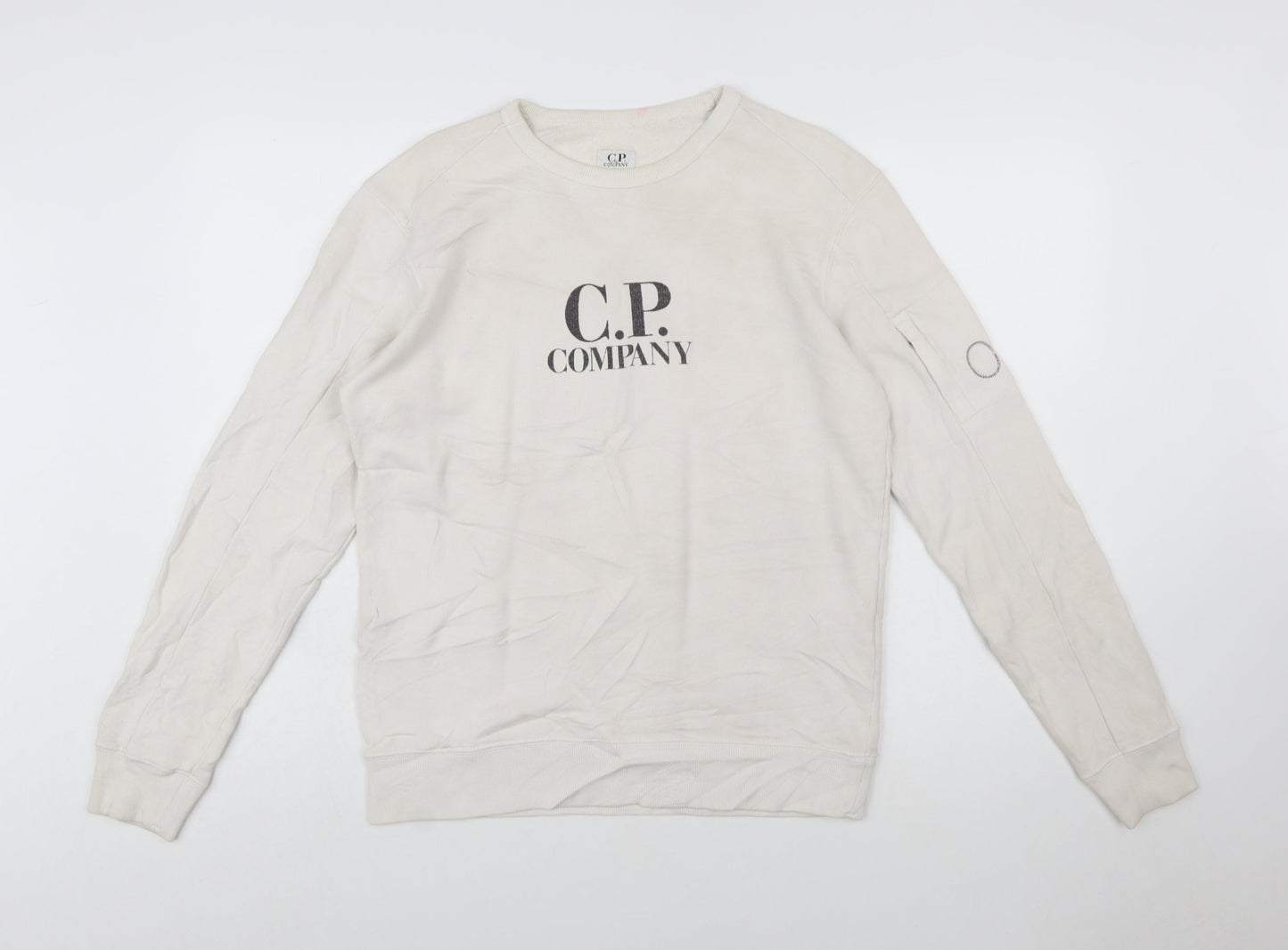 C.P. Company Boys Beige 14 Years Pullover Sweatshirt Logo Cotton Crew Neck