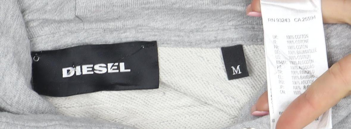Diesel Men's Grey Logo Pullover Hoodie Size M Cotton Long Sleeve
