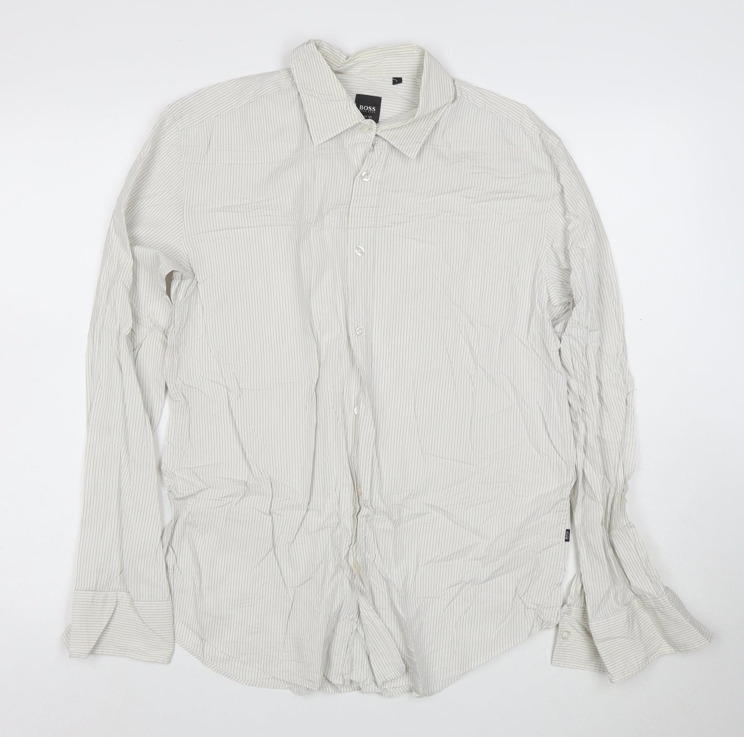 BOSS Hugo Boss Men's White Slim Fit Striped Long Sleeve Shirt Size L