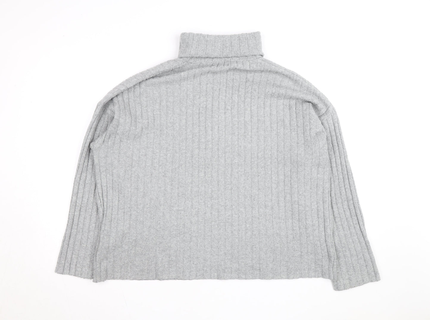 Bershka Women Grey Roll Neck Ribbed Knit Jumper Size L