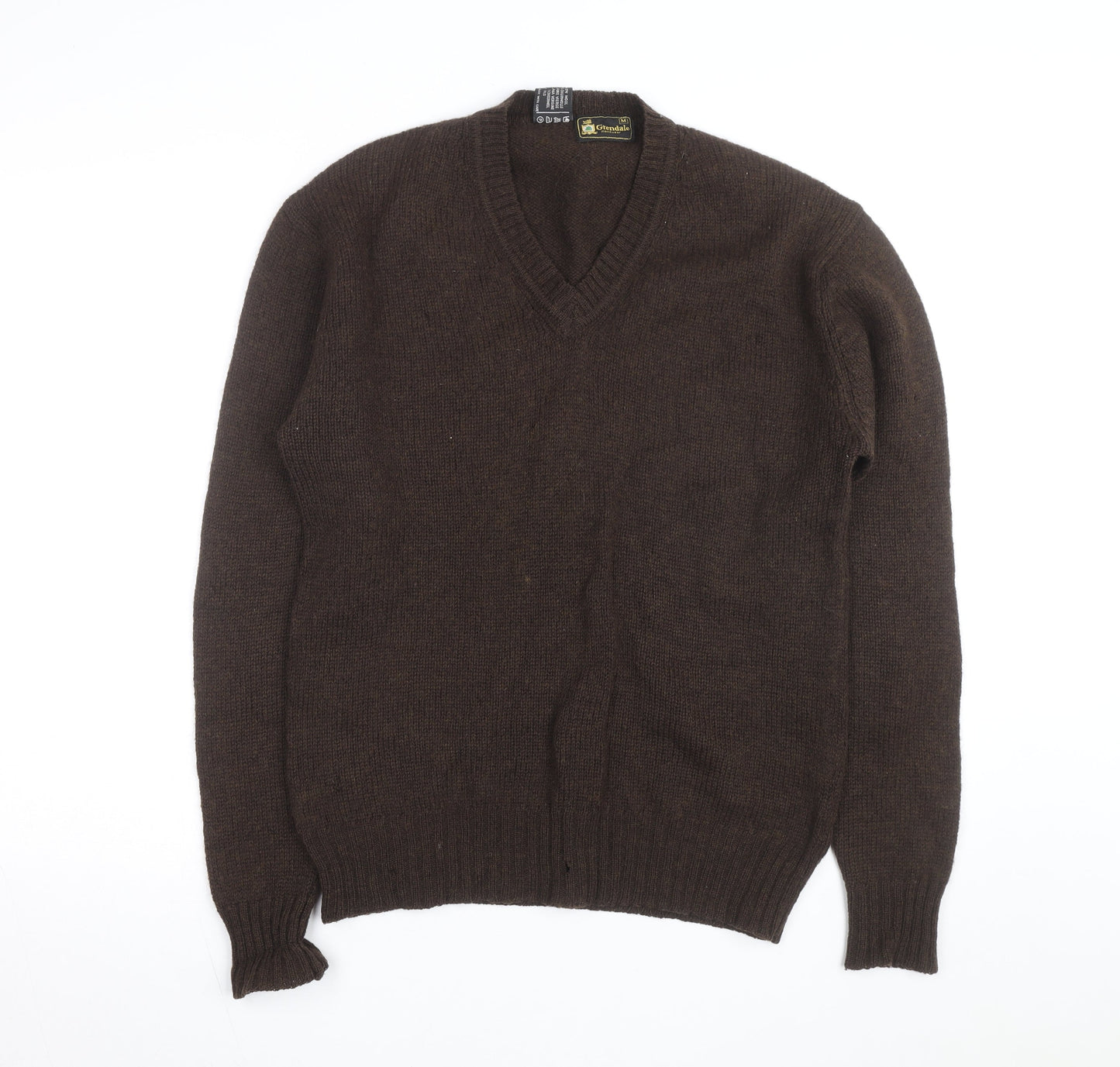 Grendale Mens Brown Wool V-Neck Jumper with Elbow Patches Size M