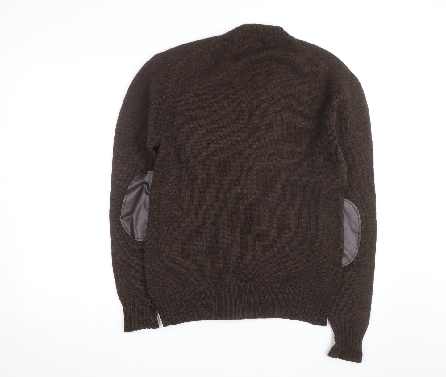 Grendale Mens Brown Wool V-Neck Jumper with Elbow Patches Size M