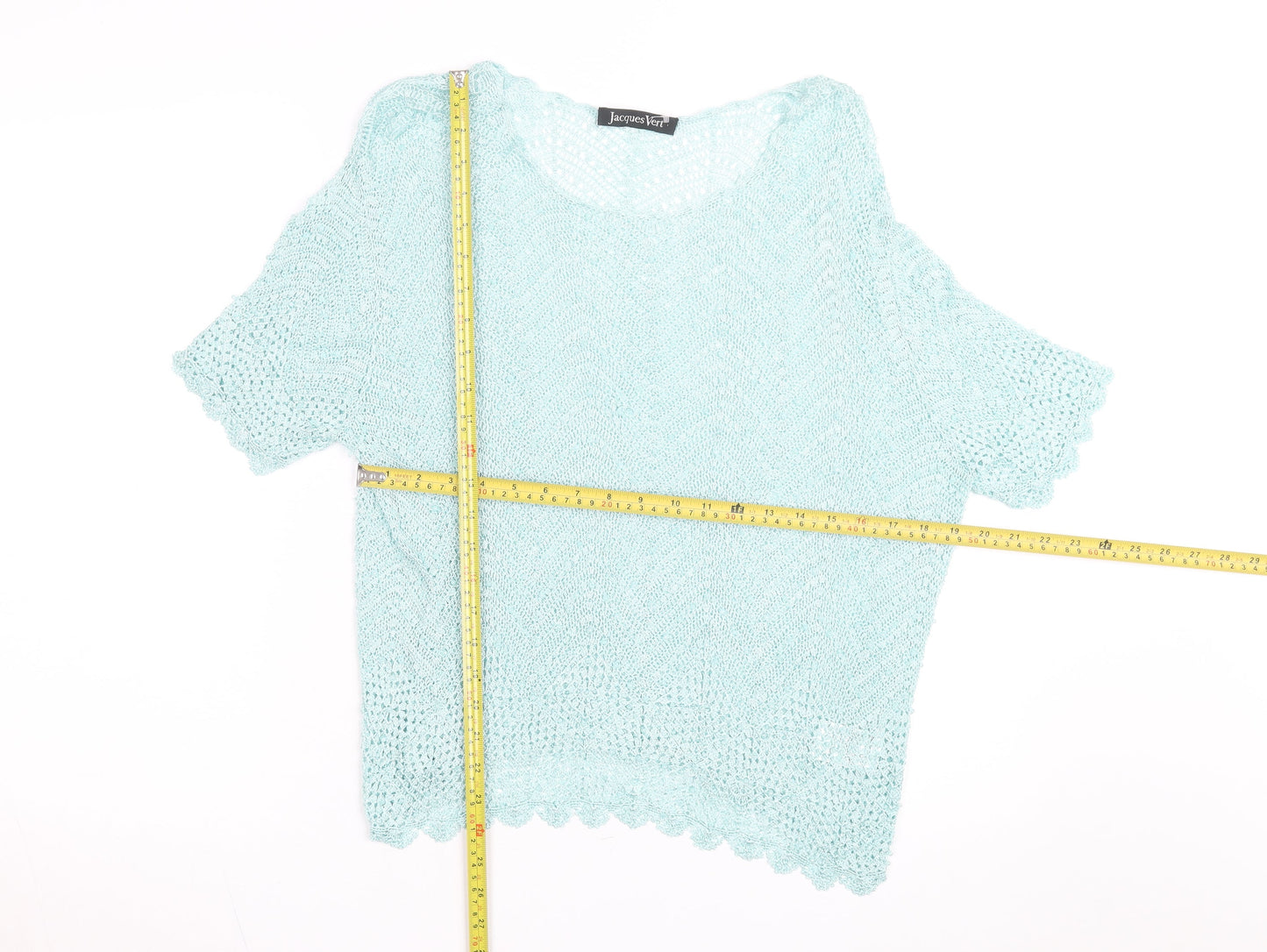Jacques Vert Women's Blue Open-Knit Short Sleeve Pullover Jumper L