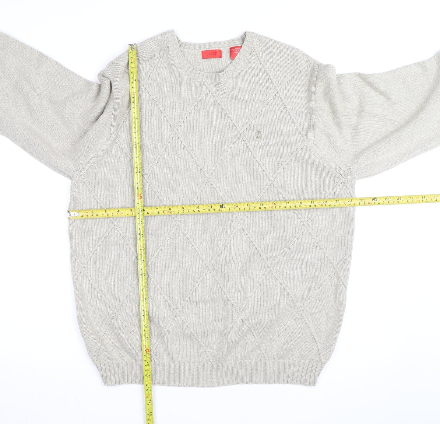 Izod Men's Beige Cotton Argyle Crew Neck Jumper Size L