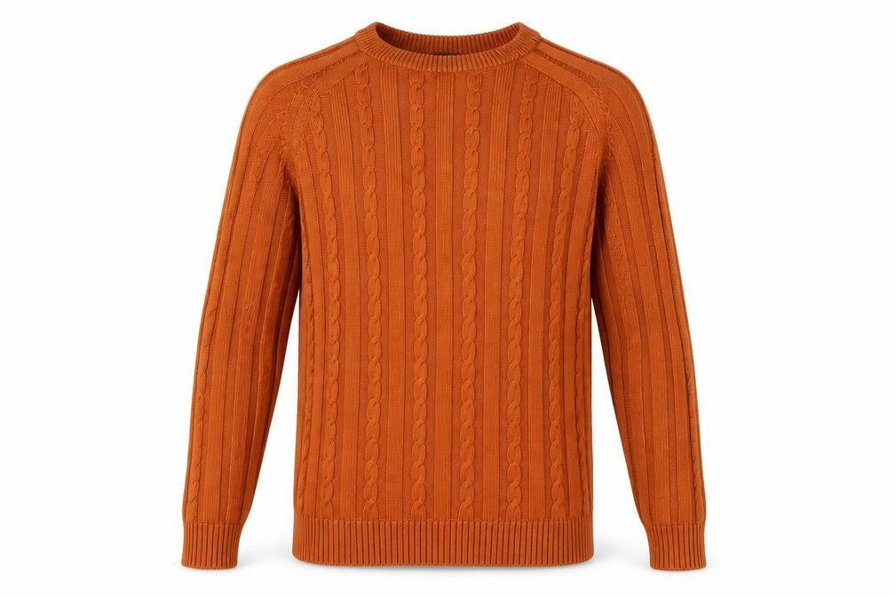 Fusion Men's Orange Cotton Cable Knit Jumper Size L Crew Neck