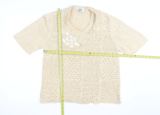 Teddi Women’s Beige Crochet Collared Short Sleeve Cardigan L