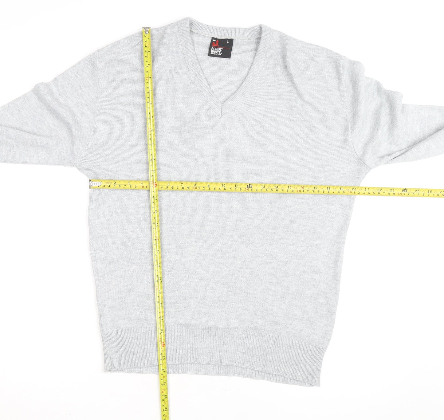 Robert Bruce Men’s Grey Wool V-Neck Long Sleeve Jumper L