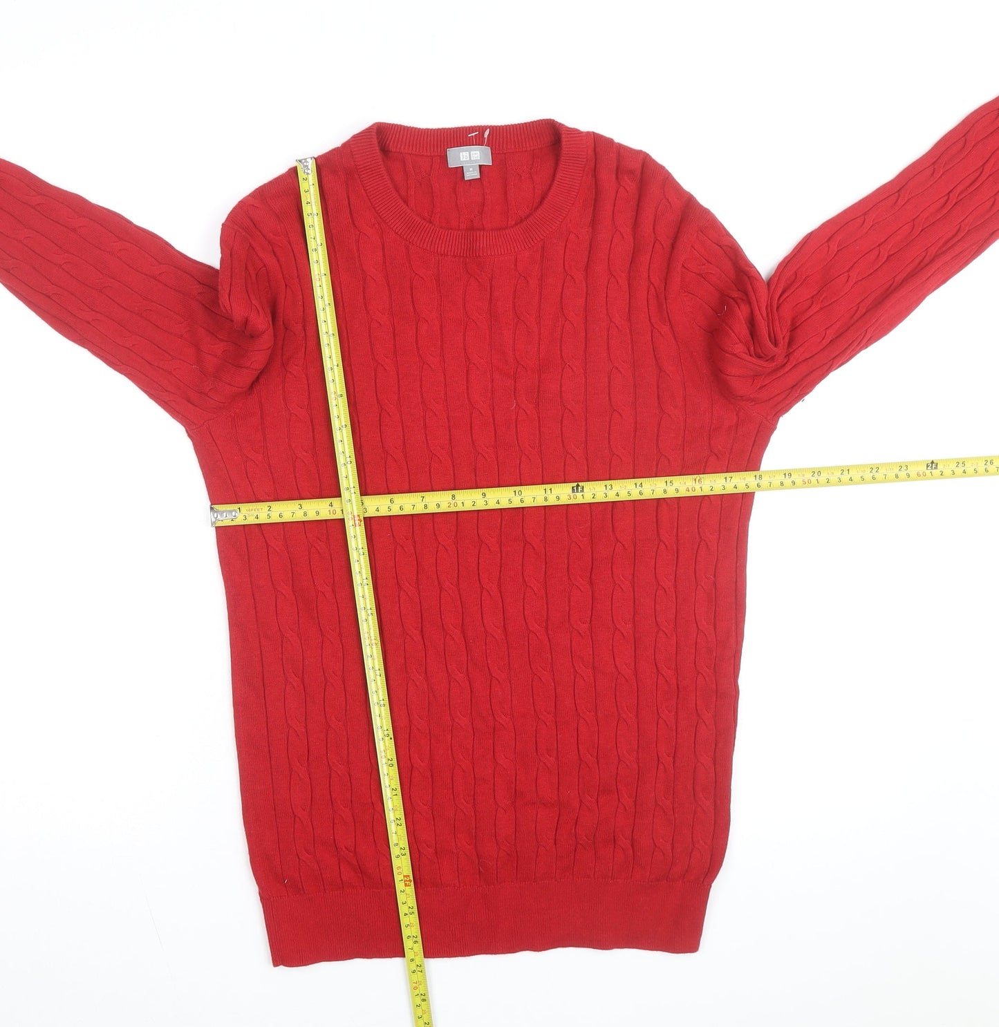 Uniqlo Men's Red Wool Cable-Knit Crew Neck Jumper Size M