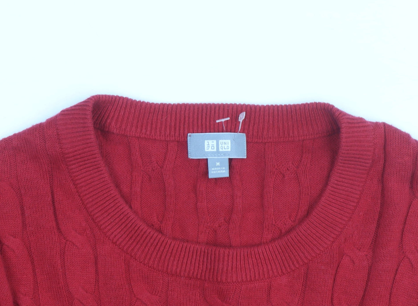 Uniqlo Men's Red Wool Cable-Knit Crew Neck Jumper Size M