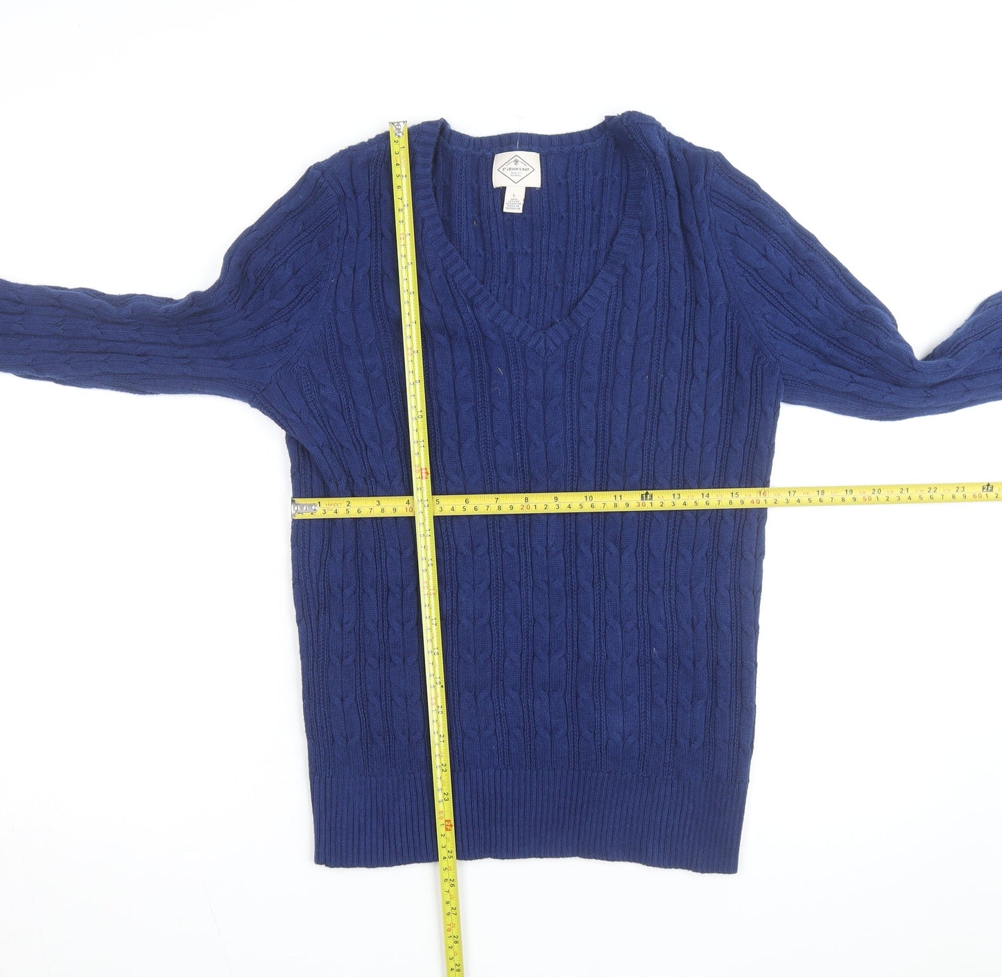 St John’s Bay Men’s Blue Cable-Knit V-Neck Cotton Jumper L
