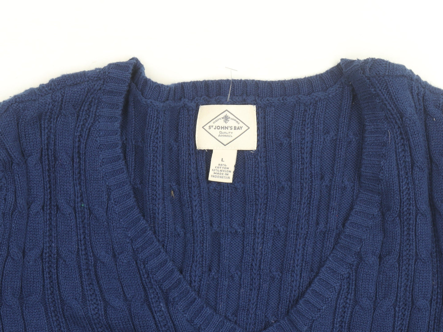 St John’s Bay Men’s Blue Cable-Knit V-Neck Cotton Jumper L