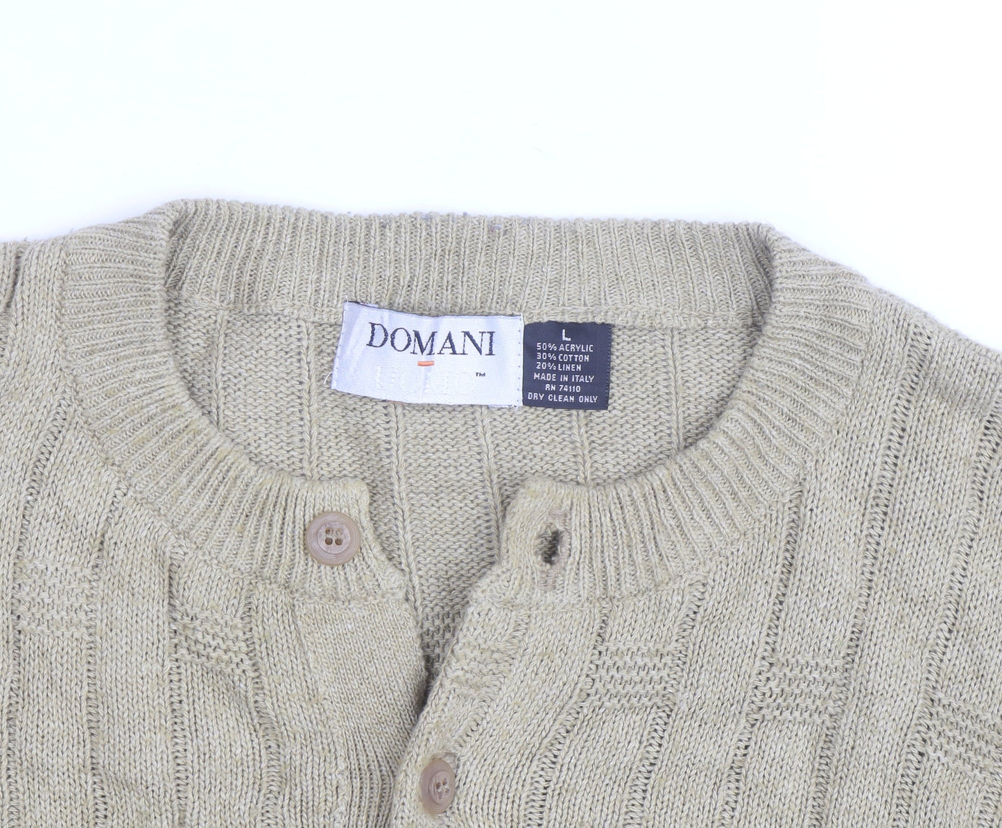Domani Men Beige Henley Knit Jumper L Cable-Knit Acrylic Cotton Linen
