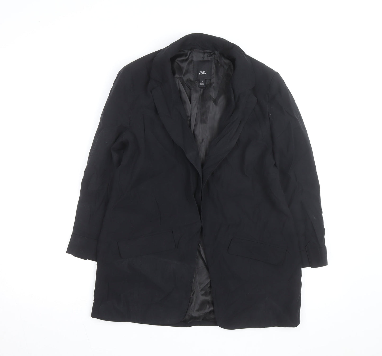 River Island Women’s Black Long Overcoat Size 8 Classic Style