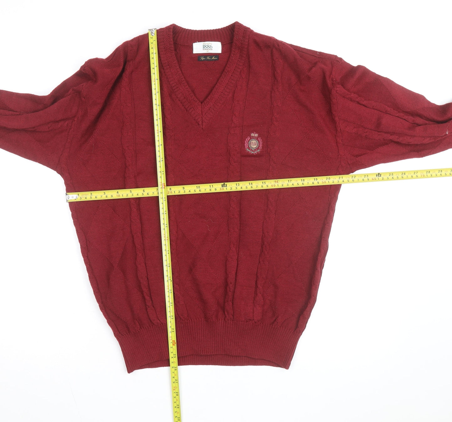 Alunsingwear Men Red Wool Cable-Knit V-Neck Jumper M
