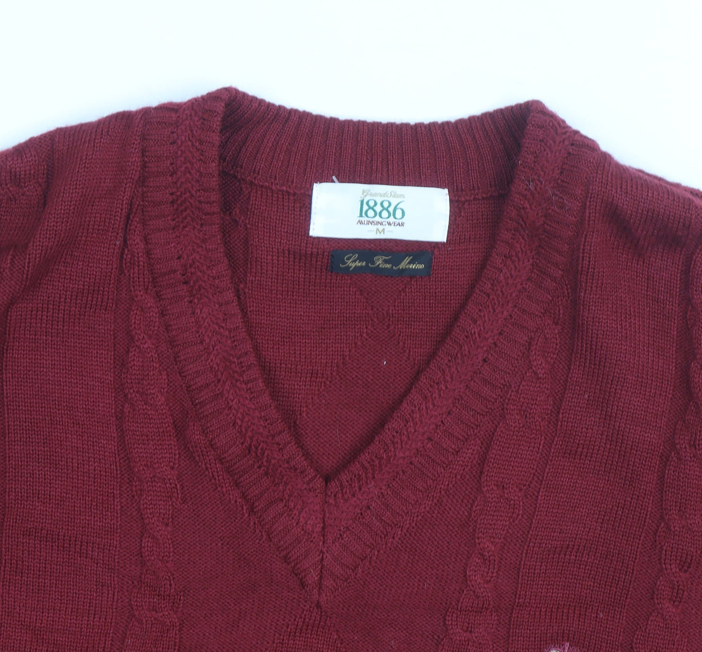 Alunsingwear Men Red Wool Cable-Knit V-Neck Jumper M