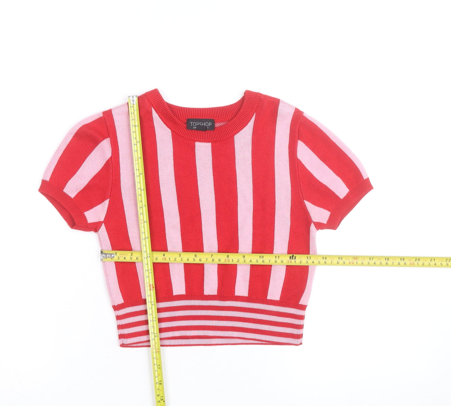 Topshop Women Red Pink Striped Cotton Short Sleeve Jumper UK 10
