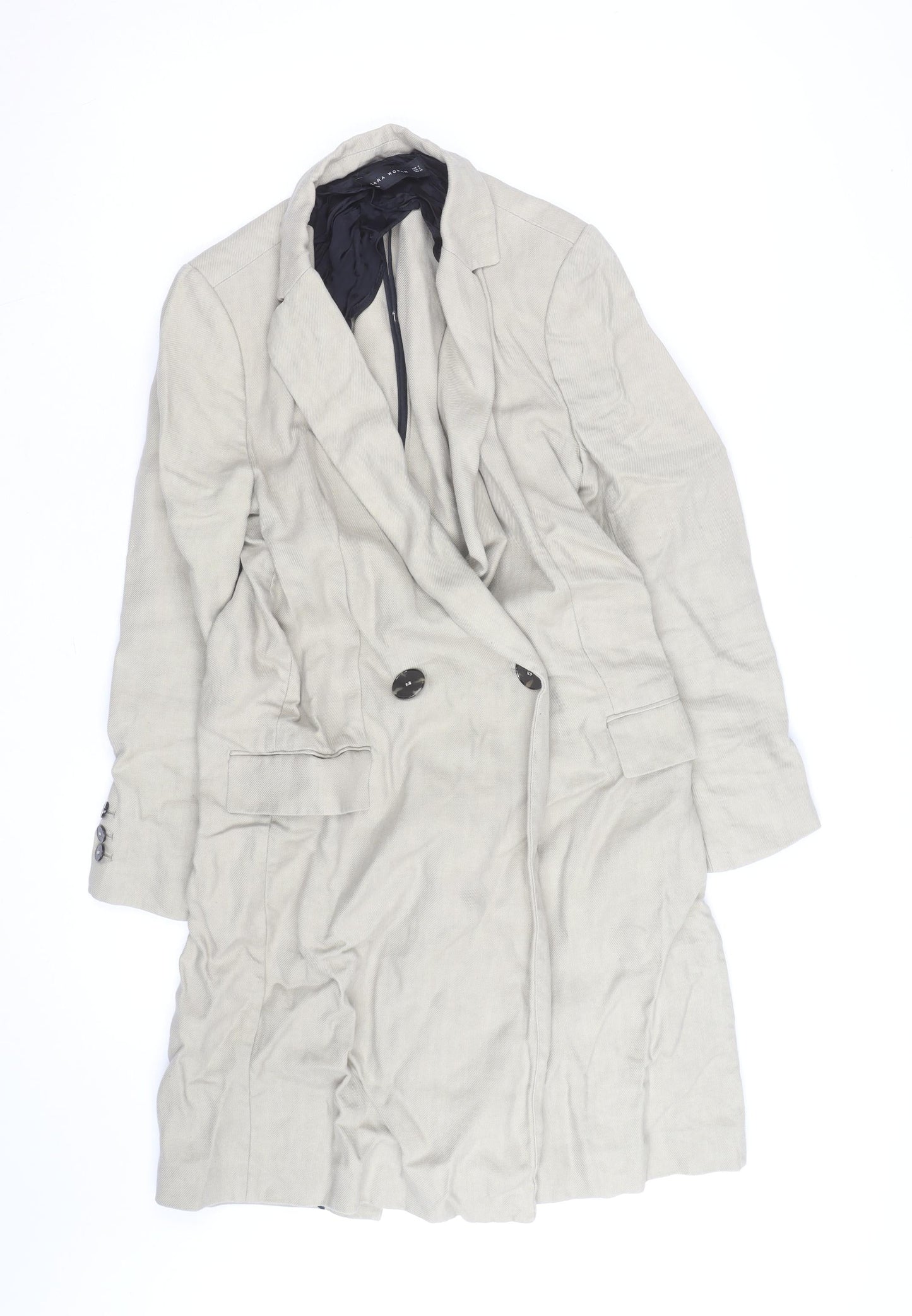 Zara Woman Beige Linen Blend Long Double Breasted Coat Size XS