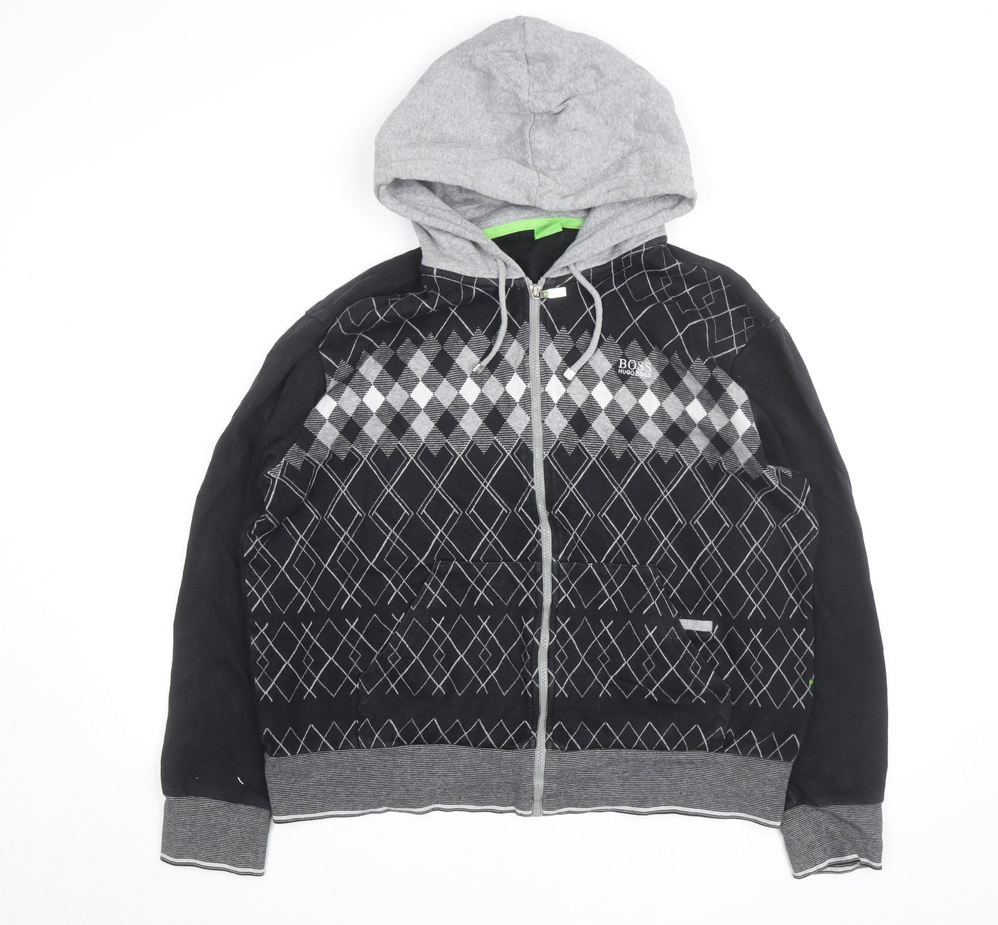 BOSS Mens Black Argyle Full Zip Hoodie XL Classic Knit Sweatshirt