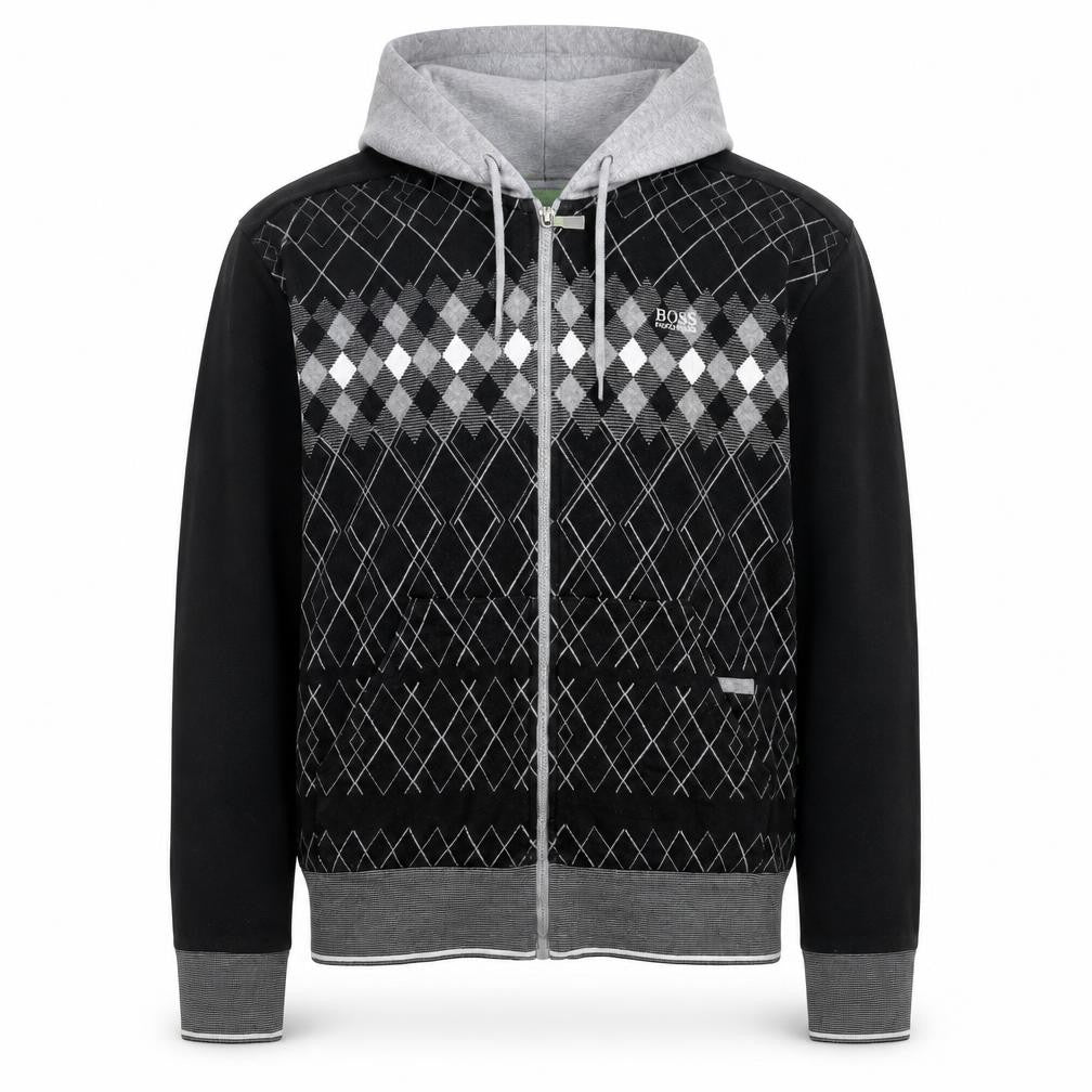 BOSS Mens Black Argyle Full Zip Hoodie XL Classic Knit Sweatshirt