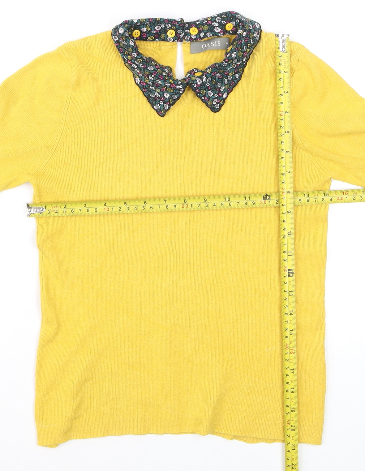 Oasis Women Yellow Collared 3/4 Sleeve Pullover Jumper Size M