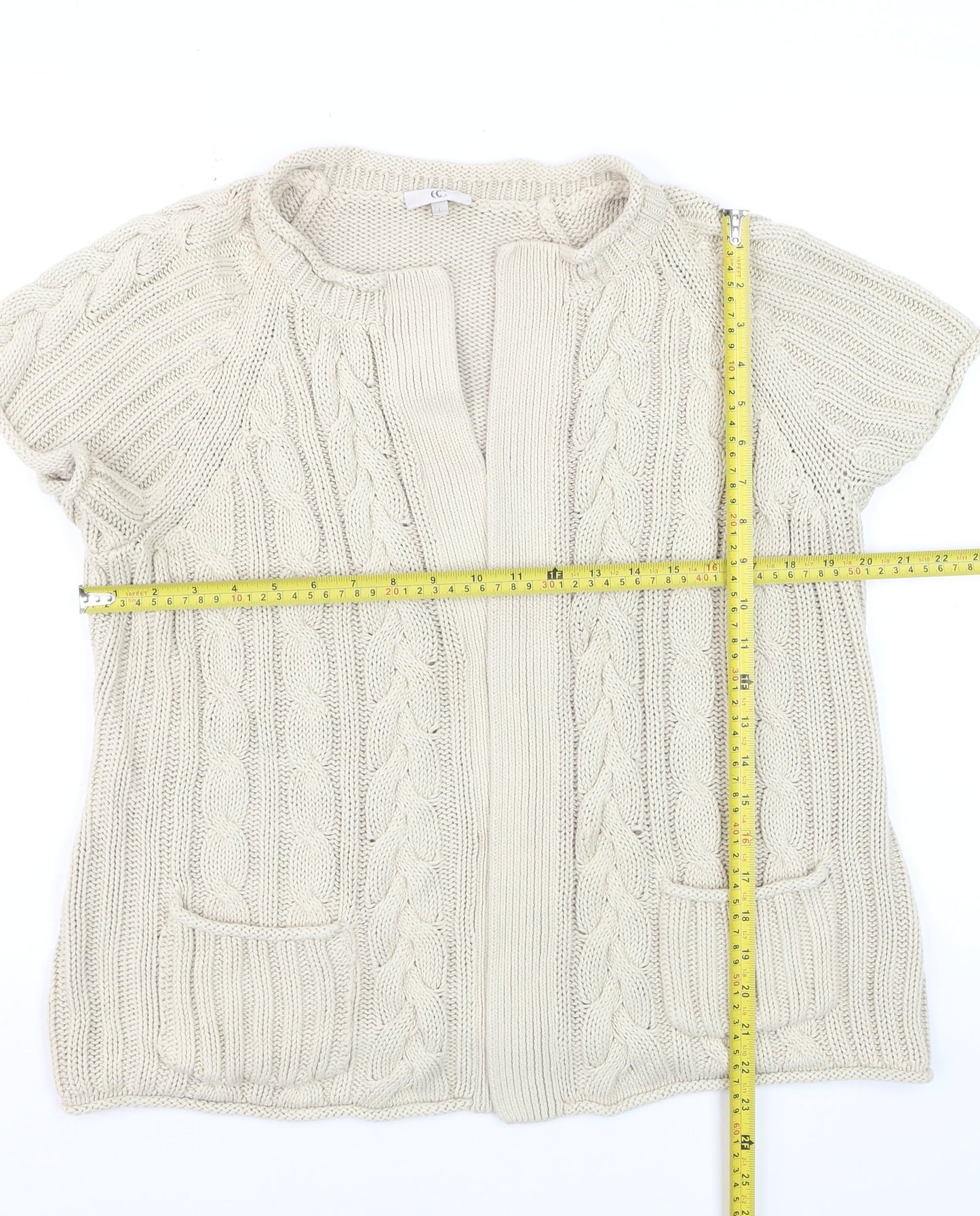 CC Women’s Beige Linen Cotton Short Sleeve Cable Knit Open Cardigan L