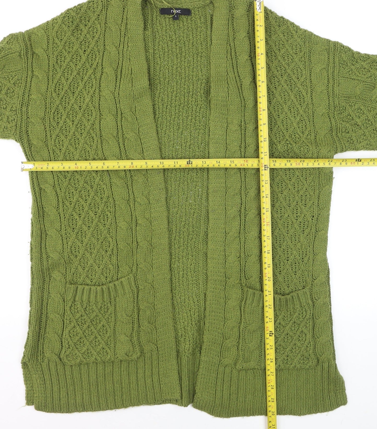 Next Women Green Cable-Knit Open Cardigan S Wool Blend