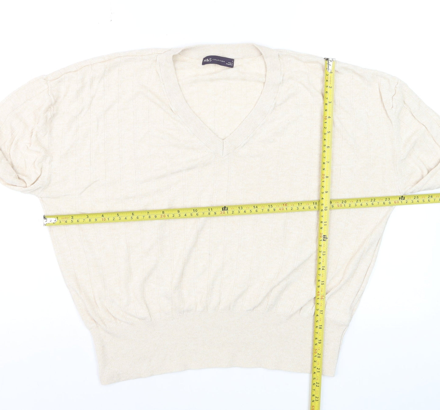 Marks and Spencer Women Beige V-Neck Long Sleeve Jumper L Linen Blend