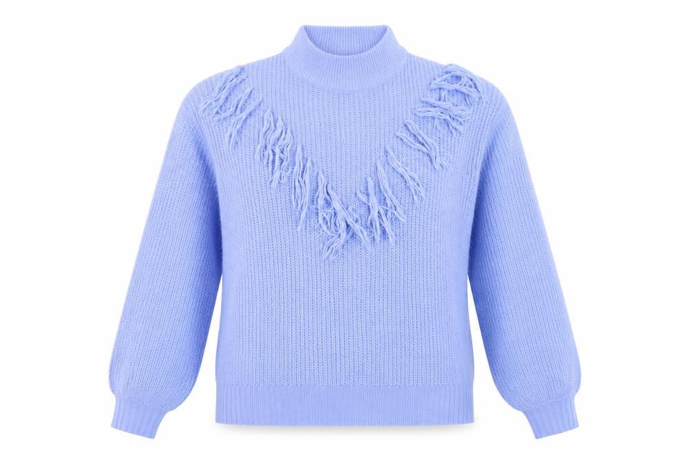 Wednesday's Girl Women's Blue High Neck Fringe Knit Jumper Size M