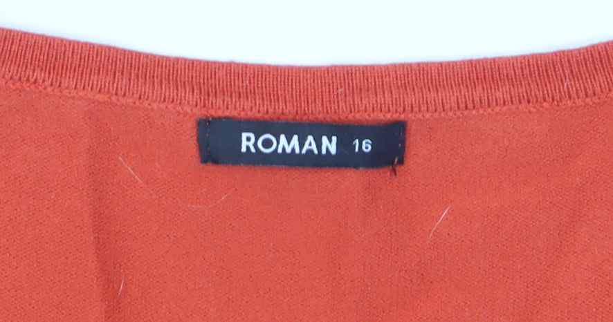 Roman Women Orange 3/4 Sleeve Square Neck Button Jumper Size 16