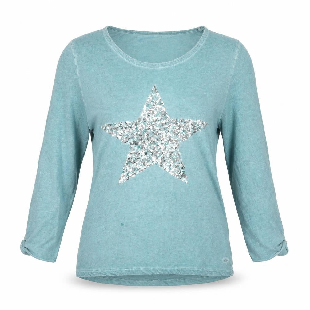 Tom Tailor Women Blue Sequin Star Cotton 3/4 Sleeve T-Shirt Size 12