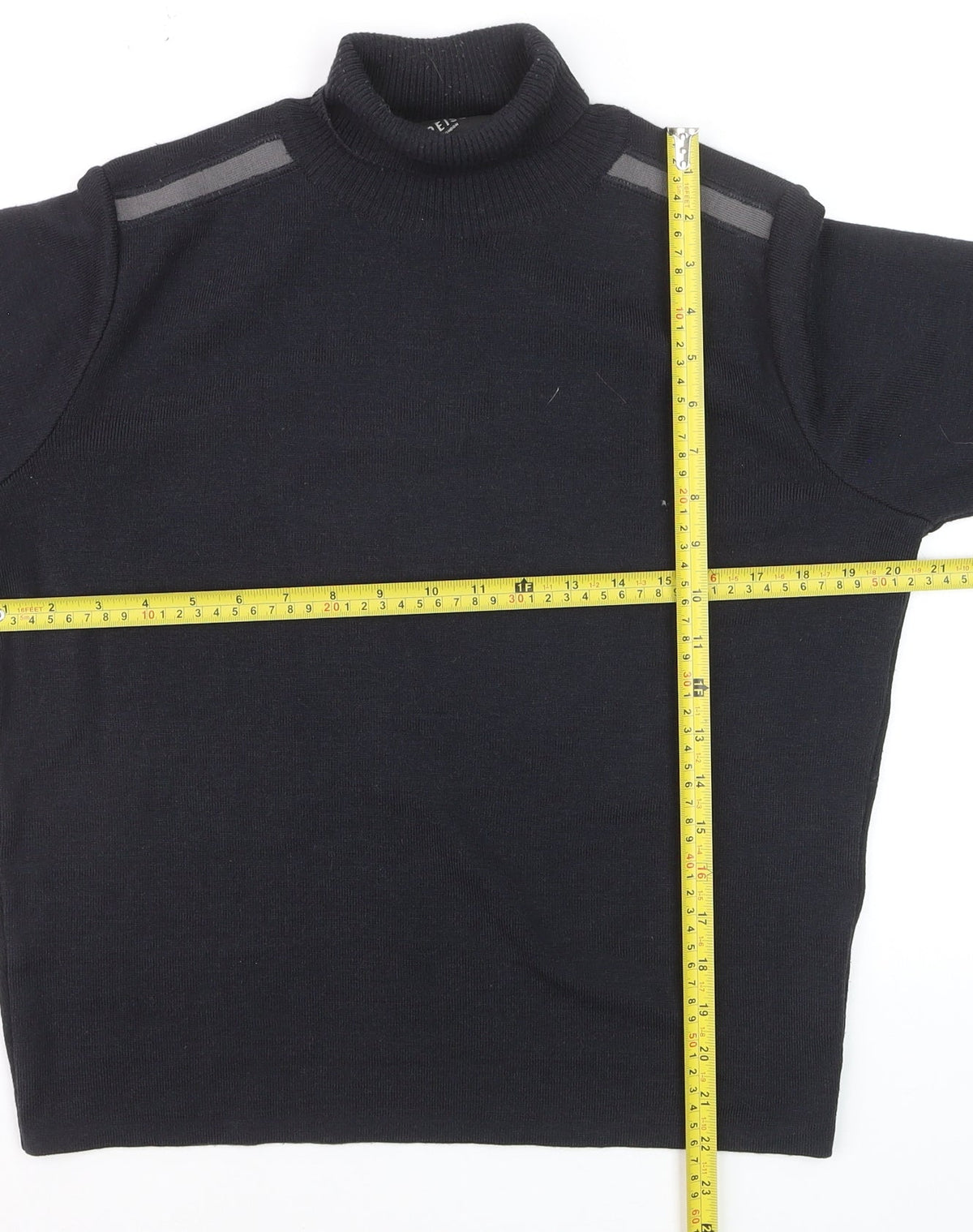 Close-up detail of Reiss Men's Black Roll Neck Slim Fit Knit Jumper, size S