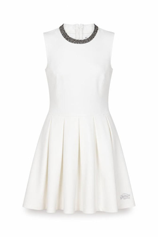 Superdry Women's White Skater Dress S Sleeveless Beaded Neckline