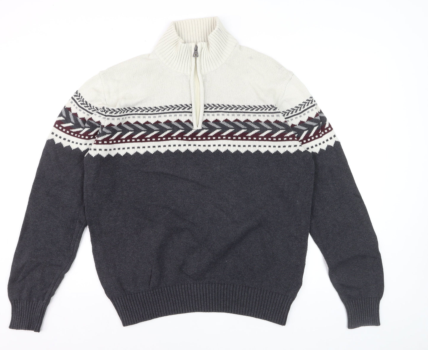Weatherproof Vintage Men's Grey 1/4 Zip Fair Isle Cotton Jumper M