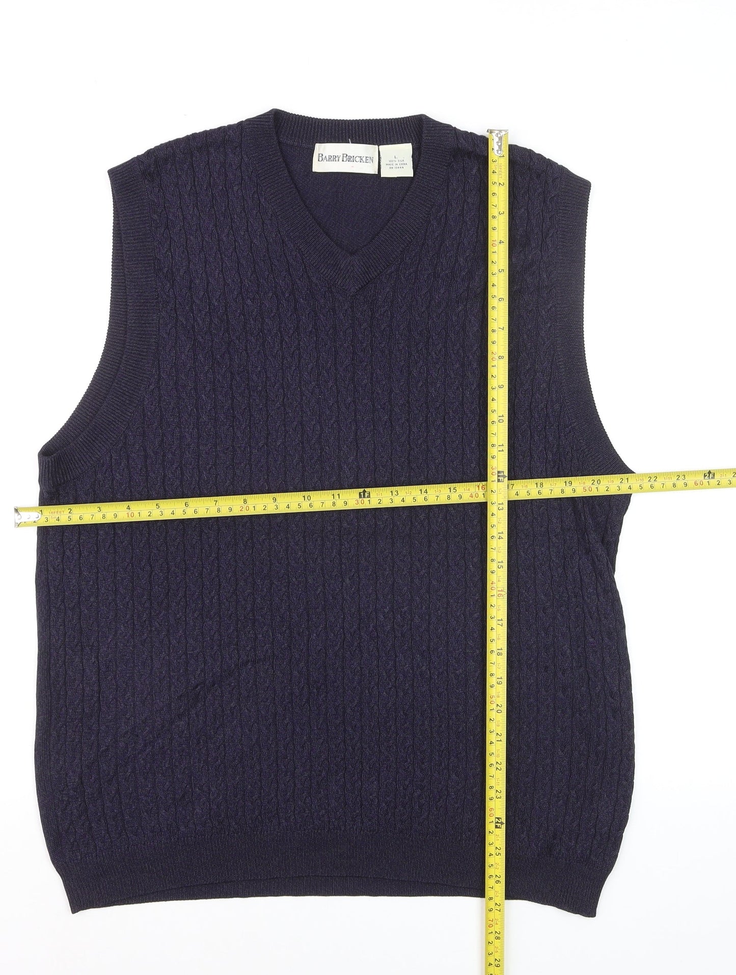 Barry Bricken Men's Blue Silk Cable-Knit V-Neck Vest L