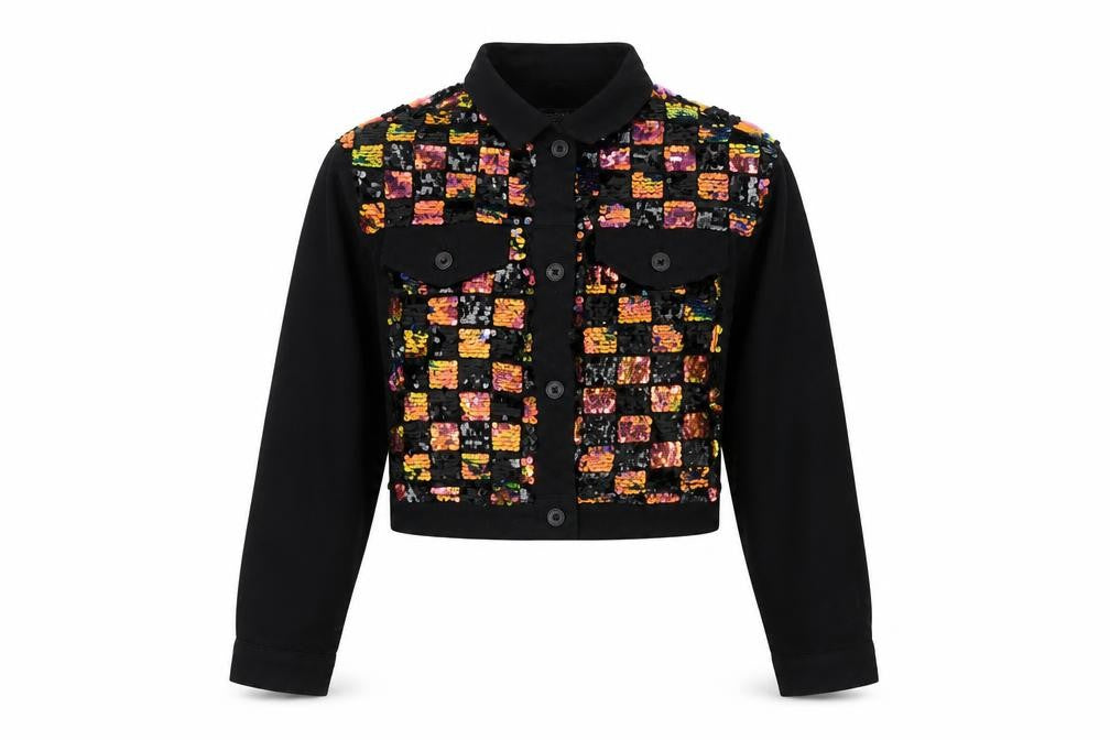 Topshop Womens Black Sequin Cropped Bomber Jacket Size S
