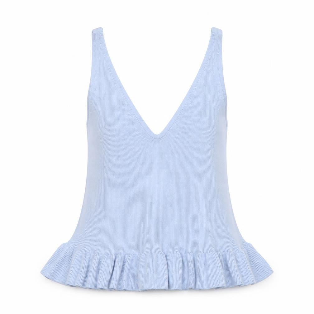Topshop Women Blue V-Neck Ruffle Hem Knit Camisole Tank Top Size 6