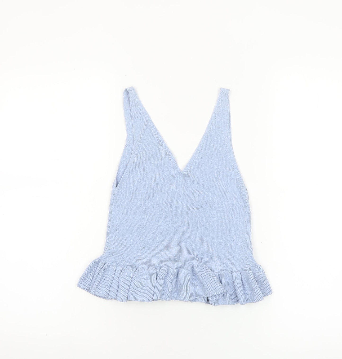 Topshop Women Blue V-Neck Ruffle Hem Knit Camisole Tank Top Size 6